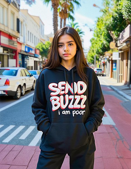 "SEND BUZZ I AM POOR" text, colorful graffiti on hoodie, calygraphic wildstyle bombing, thick lines, a cute european girl wearing a hoodie, looking at viewer, streets of los angeles, instagram photo, closeup shot