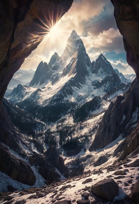 alpine-psychedelic vista, crystalline granite peaks, fractal snow patterns, volumetric light beams, monochromatic reality dissolving into sacred geometry psychedelic ansel adams in color,  harmony, serenity,, best quality, photorealistic, extremely sharp focus, light leaks, unusual colors, abstract multilayer texture, by Abigail Larson , detailmaximizer, midjourneyv6.1,