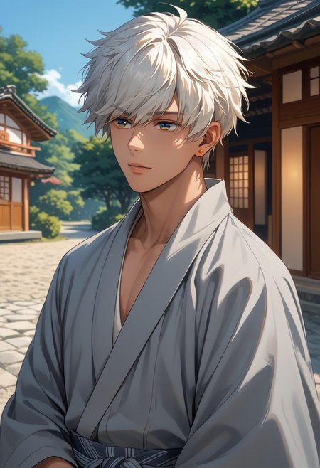 score_9, score_8_up, score_7_up, source_anime, rating_safe, Mamobey, 1boy, male focus, grey yukata, gold earrings, upper body, blurry Japanese village outdoors,