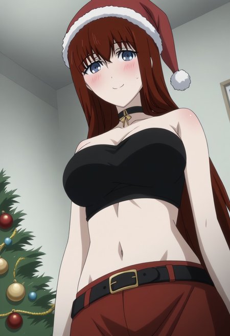 rating_safe, Ultra-high-detailed Anime illustration of Kagari Shiina from Anime Steins;Gate 0. The artwork features Kagari in a solo, face focus, upper body, standing position with a intdoors, indoors, living room with Christmas atmosphere. Gorgeous Christmas tree in background. Night Time..
She is depicted with intricate details showcasing her large_breasts, natural_breasts. She is a white skinned, 22 years old woman. Kagari is looking_at_viewer with perfect_eyes, Her pupils are highly detailed. The eyes are open. blue eyes. Kagari's eyes are highlighted. Highlighted eyevrows. 
She has long_hair, red_hair styled in floating_hair, shiny_hair and bangs. 
She is wearing a black choker and a Santa dress, strapless crop top, sleevless crop top with bare shoulders.
She is wearing a Santa Hat and red skirt, red pencil skirt with black belt.
The artistic style is intricate_details_xl with a focus on Anime art. The color palette emphasizes red and black with detailed strokes to bring out the character's features. The lighting creates dramatic shadows and highlights, adding depth to the artwork. The perspective is from a face focus, dutch angle to enhance the impact of the character's expression. This masterpiece is a true portrayal of Kagari's complex personality and will captivate any fan of Kagari. uncensored, upper body, blushing, smile, kagari_shiina,
<lora:Steins_Gate:1>