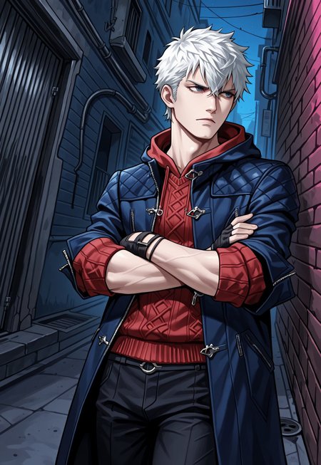 kanekostyle, lipstick, eye shadow, eyelashes, masterpiece, best quality, hyper-Detailed, 1man, solo, male focus, alone, detailed, DMC5Nero ((toned body, fair skin, white hair, hair between eyes, hair over ears, blue detailed eyes,)), ((wearing blue coat with folded sleeves to the elbowl with hood, red sweater, black fingerless gloves, black pants,)), serious, arms crossed, looking away, standing in an alley, night