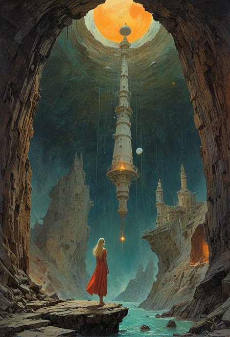 A beautiful blonde  deco pop artist, all pastel sleek futuristic outfit dress standing in a cave, high quality fantasy art, historic rendering of an old lighthouse, square spaceship , digital artwork by Beksinski, vibrant colors include cuware and births a house,picture shows water, expansive, the moon, with strange architecture and down on a suspended mid-air jet. create a sense of detailed, abstract, trippy, 60s style, op art,  cell shaded, 8k. The composition includes overlapping circles, sharp-edged polygons, and fluid lines, all interwoven to create a sense of rhythm and flow.