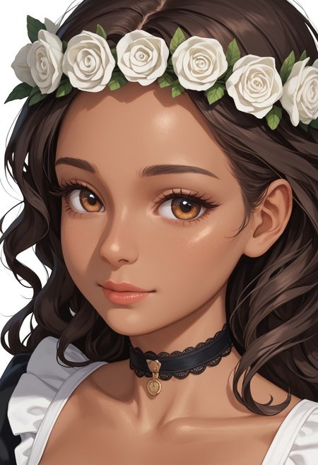 score_9,score_8,score_7_up, masterpiece, high_quality, highres, high quality, perfection, character design, solo, best quality,1 woman, adult, beautiful woman, cute woman, adult, 30 years old, ((Olive Tan skin tone:1.4)), detailed body,  shapely woman, (Curvy body: 1.6), MILF, (long wavy voluminous flowing hair Dark brunette hair), Natural body, detailed face, beautiful face, russet brown eyes, eyelashes, large breasts, (Maid Apron, black choker) Standing, Close up, focus on face, head wreath, white Rose wreath, White background, steam, hot, nervous, happy, front view,