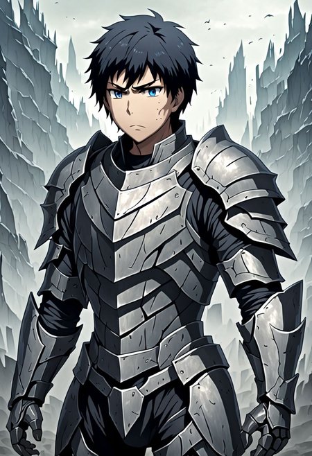 high resolution, solo, best quality, 1Boy, Arata Kaizaki, Black Hair, dystopia, serious looking, armor, fantasy, OverallDetail