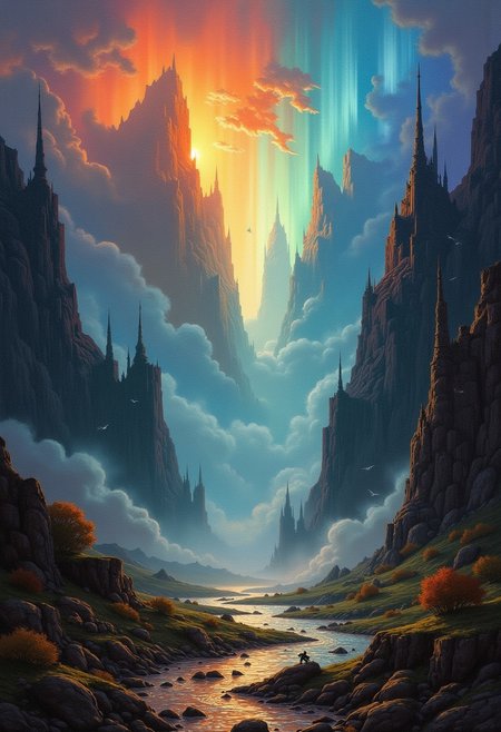 Within celestial confabulate recondite, Auroral maws wink gleams propheticWizened monolith prisms sigillary portcullis partedHolds agape Stygian umbra'd voidBetween egress worlds rebirthed
Endarkening Erebian ebony and amber madrigalsCaress betwixt yawning nadir gulf's seamExtravagant eruptions thence disgorg'd Unsullied volcanic obsidian leviathansScalpel-scribed diademd peaks above empyreal firmamentsBurnished sierra masts jut skywardVeining pyromantic aureola stream
Cimmerian undergrowth rank-weaves brackish mireDiseased frondage flanks effluviac coursesFrom throat-choked calderas gouts belcheMalachite exhalation sheathes amber valancesThat catch aphelon glare - albino celestial tearScatter-disseminated midst nacrein scintillationMoonbeam streaks elixir haze dousing world-without-endIntoxicating cumulus undulant aboveAutumnalia trees in velvet riotAutumnalia banners blown languid wiseZephyr tresses sunder eldritch ectoplasmHal lcy maelstrom alight pinwheel pirouette across nebulous miasma cloaked hills Contours etching gossamer traces silhouetting bygone tales As vapor serpentines amidst terrestrial vestigesTraces linger memories whispered betwixt realms Crosswise.
impressionist painting, loose brushwork, vibrant color, light and shadow play, captures feeling over form, Oil Painting, 
surreal, concept-art, fantasy, beautiful, painterly, detailed, textural, artistic, aesthetic, intricate details, highly detailed, vivid,  volumetric lighting, 
dark fantasy, drkfnts style