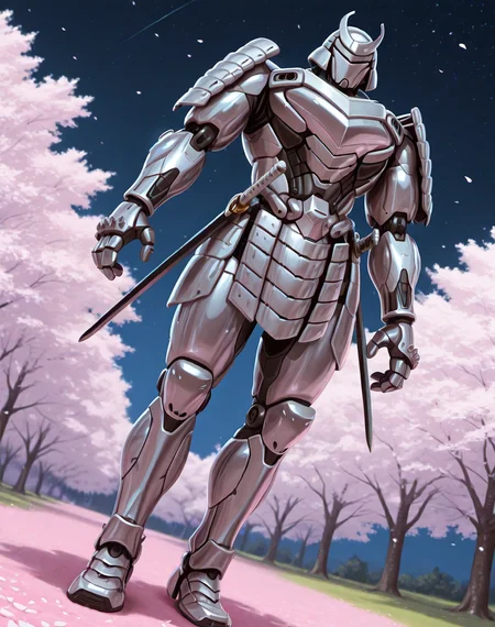 <lora:Silver_Samurai_(Marvel_Comics)_(Illustrious)_(AD):1> Silver Samurai, robot, armor, 
((
exterior, traditional Japanese noble's estate home, cherry blossoms, night sky, 
dutch angle, dynamic action, male focus, solo, fully armored, villain, hyper glossy body, powerful, superiority, 
)),
BREAK: very awe, aesthetically pleasing, masterpiece, best quality, amazing quality, very aesthetic, depth of field, absurd details, depth of field, atmospheric rendering, natural shading, soft shading, 
BREAK: lazympos, lazypos (3),