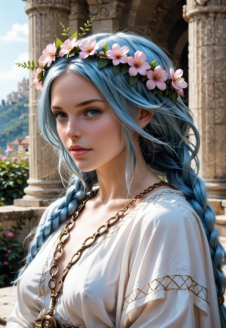 safe_pos, Beautiful woman, 24 years old. Fair skin. Smooth skin. Silvery blue hair. Incredible detail, high clarity. Free hair with braids. Long hair. Pink lips. Good anatomy. Detailed face. Attractive. Curvy. Bosom. European.

She is wearing a beautiful Greek goddess robe. Ancient temple setting. Flower wreath on head.