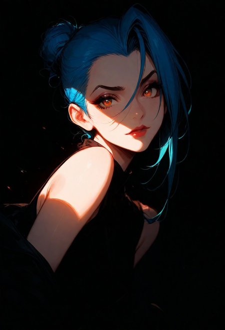 1girl, jinx ,  solo, dark,  masterpiece, best quality, very aesthetic,  close up,  hair bun