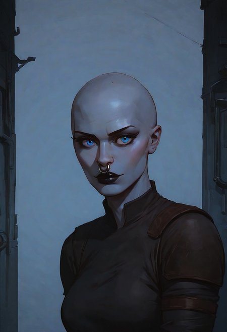 safe_pos, score_9, score_8_up, score_7_up, score_9, score_8_up, score_7_up, a rattataki female alien from star wars who is wearing a raider outfit, has a bald head, grey skin, blue eyes, the picture should look like an adult movie poster. Toned female, black lips, nose ring, in a wasteland, smooth bald head, showing off her tits, nsfw, 