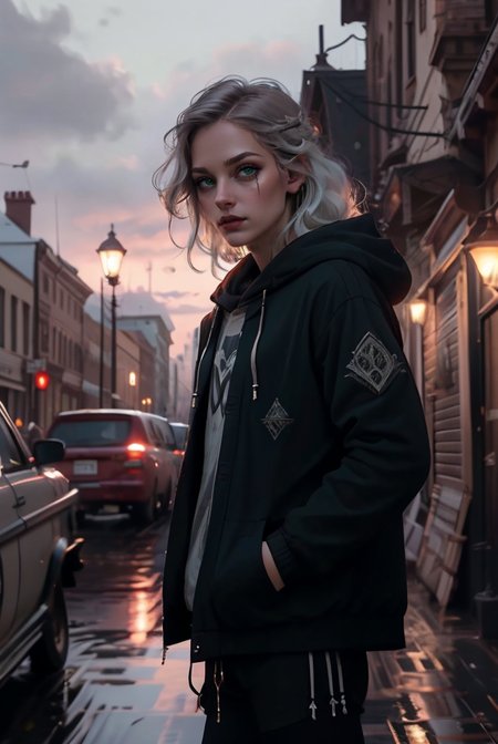 (masterpiece, best quality, high quality, highres, ultra-detailed), city, scenery, night, building, sign, cityscape, pantyhose, skyscraper, street lights, 
solo, 1girl, snake eyes, green eyes, hood, long hair, white hair, looking at viewer, outdoors, hood down, hands in pockets, thighhighs, bangs, long sleeves, jacket, black thighhighs, 
<lyco:NijiJourney-LyCoris-V6:0.8>, AS-Adult, Asian-Less, OverallDetail, SkinHairDetail, <lora:slit-pupils:1>,
