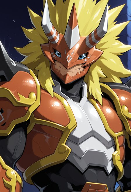 masterpiece,best quality,amazing quality, 1boy, solo, 4gun1, digimon (creature), armor, close up, side angle,  confident, mask, white skin, serious,