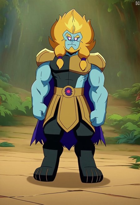 Azure lion ,solo,Lion furry,neutral expression,looking at the viewer,long hair,blue skin,muscular,braid,blonde hair,standing,front view,full figure,full body,full body shot,forest background with a clear sky.MASTERPIECE, PERFECT, EXCELLENT, GREAT MASTERPIECE score up9, precise and clear,magenta eyes with white pupils,