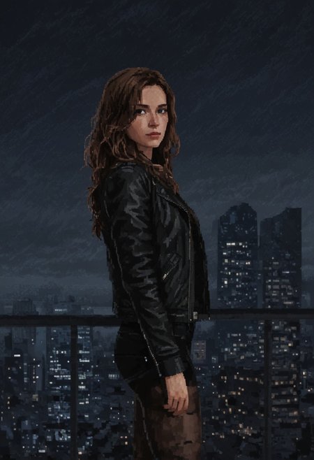 Pixel Art 8-bit style of A medium shot of a young woman with long, wavy brown hair, wearing a black leather jacket, black shorts, and black tights, standing in front of a view of a cityscape. The sky is filled with dark, ominous clouds, creating a dramatic atmosphere. PXLART