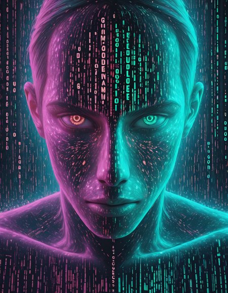 Glitchcore Art Style, detailed, mmatrix-style, silhouette, code, text focus, glitch, digital dissolve, 1boy, dynamic, dramatic, distorted, vibrant colors, glitchcore art style
