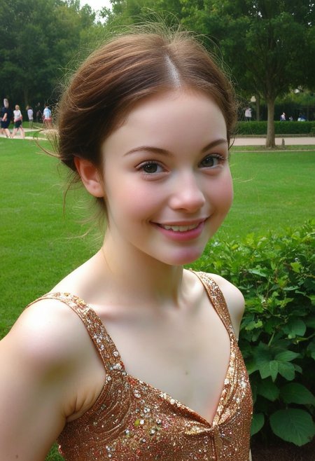 score_9, score_8_up, score_7_up, wide shot, high quality, best quality, photorealistic, park, outdoors, sunny, gorgeous shot BREAK 18 year old, brunette, cute, big eyes, soft jaw, cute smile, small mouth, plump lips, very plump lips, very small mouth, barely, small nose, neoteny, barely 2, amused, smiling, european, summer dress 2.1, fresh skin, goosebump skin, pale skin, 7-cgifaces, skinny, petite, detailed eyes, skinny, flat chested, very widset eyes, very small mouth, very plump lips, cut smile