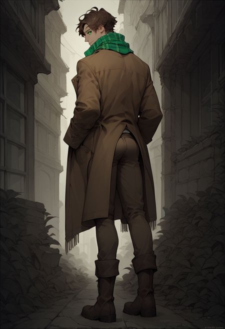 score_9, score_8_up, score_7_up, score_6_up, score_5_up, score_4_up, 1man,brown hair, green eyes,stitches,scarf,shirt,coat,pants,boots,Ass view