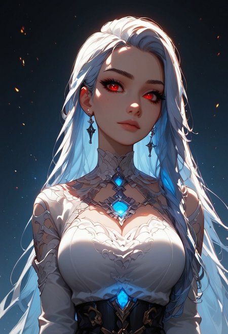 masterpiece, score_9, score_8_up, score_7_up, EasyNegative_v2, (best quality:1.1), ultra-detailed, high resolution,Highly Visible, 8k, sharp focus, beautiful, perfect lighting, smooth edges, 1girl, black pants, white top, blue glowing katana, long hair, red eyes, Sparks, embers, dimly lit, blurred background, high contrast, saturated colors