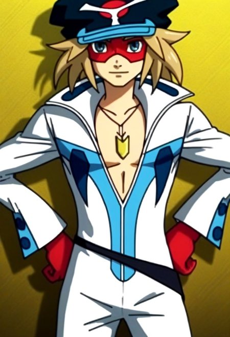 ((masterpiece)), ((best quality)), ((ultra-detailed)), ((absurdres)), score_9_up, score_8_up, score_7_up,
HD, top quality, best quality, amazing quality, High-quality illustrations, anime screencap, source_anime, best aesthetic, perfect proportions, perfect eyes, 1boy, 1male, solo boy, solo male, male focus, solo male focus, Anime, boy, male anime character, anime boy, handsome, sexy, cute, charming, ((tall body, tall height)), ((slender body, slim body)), Gan Takada, blonde hair, blue eyes, red eye mask, ribbons at back, hat, white jumpsuit, necklace, red gloves, thin black belt, ((cowboy shot, head to hips shot)), ((hands on hips pose)), easynegative, updn, Expressiveh, masterpiece, best quality, very aesthetic, absurdres
