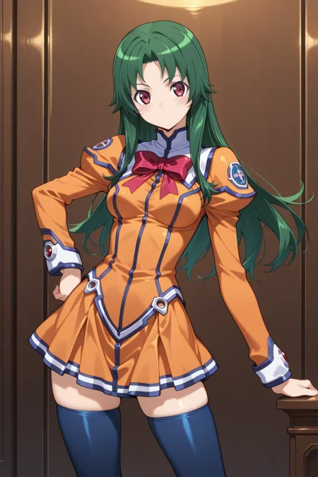 masterpiece, best quality, stellvia_kayama_akira_ilxl, 1girl, solo  <lora:stellvia_kayama_akira_ilxl:0.9>, orange shirt, orange skirt, zettai ryoiki, Navy blue tights, green hair, standing, model pose, looking at viewer