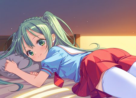 score_9, score_8_up, score_7_up, masterpiece, best quality, absurdres, official art, official style, (anime screencap, megami magazine:1.2), zPDXL2, zPDXLxxx, <lora:Lip Gellsalk Senglucul (Silky Lip) Pony v1_epoch_10:1.0>, 1girl, solo focus, silkylip, magical girl, BREAK, green eyes, BREAK, green hair, long hair, twintails, braid hair tie, BREAK, school uniform, BREAK, red ribbon, BREAK, red skirt, miniskirt, BREAK, white thighhighs, BREAK, shoes, BREAK, <lora:neg4all_bdsqlsz_xl_V91:1.0> <lora:ALTXL_pony_0061_8:2.0>, <lora:detailed_hands-000002:1>, hand bedroom, on bed, bed sheet, morning, dim lighting, light particles, on stomach, from side open eyes, smile, looking at viewer,