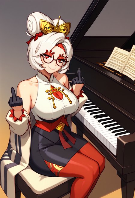 score_9, score_7_up BREAK grand piano, sitting, playing piano,1girl,purah,white hair,red eyes,hair ornament, red headband, red glasses, sleeveless shirt, white coat, black skirt, red leggings, gloves,smug,closed mouth,middle finger,looking at viewer,mature female <lora:grandpiano-concept-richy-v1_pdxl:1>  <lora:purah-pdxl-nvwls-v1:0.8>   <lora:riz_pd_dora:0.8>
