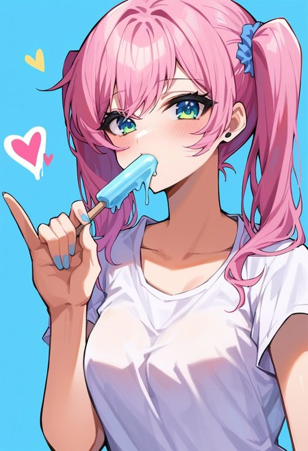 score_9, score_8_up, score_7_up, masterpiece, best quality, 5H33TGH05T, sheet_ghost, 1girl, BREAK 1girl, skinny, natural small breasts, blue eyes, pink candy hair, two pigtails with a wavy green elastic band, makeup, green eye shadow, black long eyes arrows, blush, yellow short t-shirt with pattern of hearts, blue manicure with pink hearts, BREAK sucking popsicle, popsicle in mouth,  BREAK medium shot, blue background