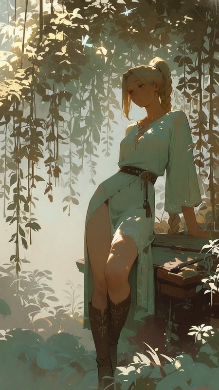 masterpiece, newest,absurdres,incredibly absurdres, best quality, amazing quality, very aesthetic,
1girl, focused downward gaze, high-slit tunic with reinforced seams, thigh-high strapped boots, blonde hair in thick ponytail braid pinned with carved wooden beads, dragonfly , muted sunlight through reeds, bronze theme, moss theme, pale jade hue, amber hue, dappled light over surface, distant willow trees,
<lora:0__11Xx:1> 0__11Xx_illu, <lora:style1_v1_Illusv2.0_1:1> stylized