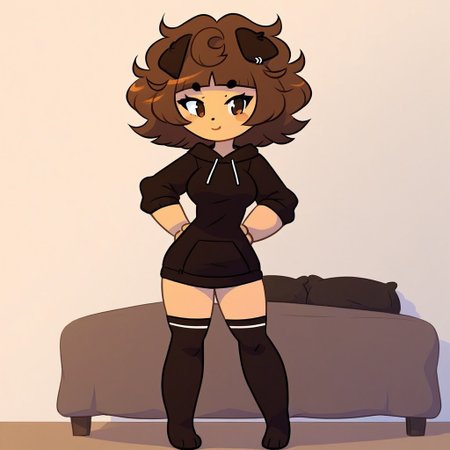 Solo,dog tail, dog ears, brown eyes, mimi, animal ears, thighhigs, black thighhigs, brown hair, Mature body, medium breasts, sweatshirt, black stockings, 25 years old,Bedroom, luxurious bed, beautiful furnishings, girl standing full-length next to the bed,