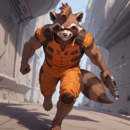 Score_9, score_8_up, score_7_up, score_6_up, 1boy, solo, Rocket Raccoon, bara, red eyes, colored sclera, orange suit, mohawk, earring, running, angry, holding gun, tail, expressiveh, 