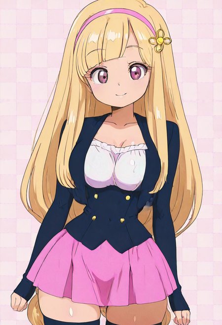 masterpiece, best quality, solo, curvy, beautiful eyes, narrow waist, wide hips, 1girl, solo, smile, looking at viewer,  zzVioletta, 
zzPearlCitron, brown eyes, blonde hair, long hair, straight hair, blunt bangs,, large breasts,,   jacket, sleeves past wrists, pink skirt, black thighhighs, zettai ryouiki,   
side view, ass, leaning forward, cowboy shot, smile, looking at viewer, shiny skin,