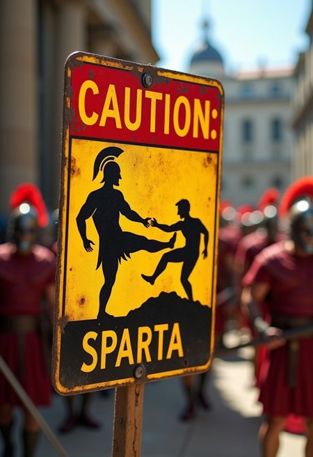 a yellow and red warning maintenance sign, (text reads, ("Caution: Sparta")) and depicts stick-figure of man being kicked by a Spartan king into a large pit, focused on the sign, Spartans milling around in background, 
highest quality