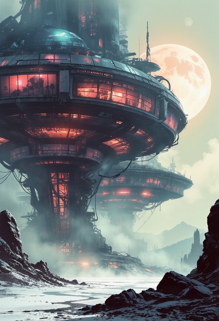 Faded neon colors of the 80s, washed-out pastel tones in spectral hues, combined with dystopian beige and gray. Monochrome ni-style Manga Sketch infused with soft, grainy retro tones. Towering over a barren, frozen wasteland in a nuclear winter setting, massive floating structures dominate the desolation. These round, sci-fi residential blocks sprawl like a chaotic web, their glowing panels flickering in muted neon hues of pink, cyan, and violet, refracted by the radioactive snow. The windows, dense and mismatched, emit spectral pastel lights that faintly illuminate the cracked, icy ground below.
The buildings, a mix of sleek technology and weathered neglect, resemble suspended slums. Some sections shimmer with frosted, translucent metal, while others are patched with rusted scraps, their surfaces lined with pipes dripping frozen condensation. Between the structures, illuminated cables stretch in a spectral web, glowing faintly amidst the swirling haze of beige and gray snowstorms.
The horizon blurs into a dystopian haze, where a pale, dim sun casts harsh, elongated shadows across the fractured, irradiated landscape. Torn fragments of banners and flapping cables sway in the ghostly wind, their colors faded into near translucence. The scene evokes a melancholic beauty, blending the faded nostalgia of 80s neon hues with the stark decay of a frozen, dystopian future. This hyper-detailed, cinematic composition captures a hauntingly futuristic world on the brink of collapse.