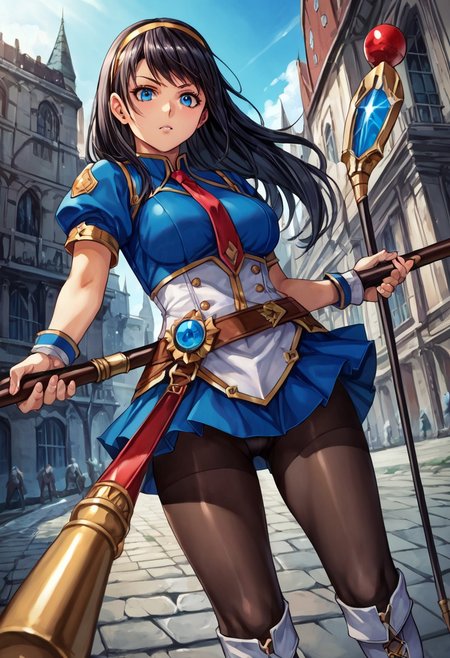 score_9, score_8_up, score_7_up, score_6_up, score_5_up, score_4_up, detailed, intricate details, source_anime, , (best quality) , (highly detailed) ,((masterpiece)), ((best quality)), (ultra-detailed), ((extremely detailed)), (high resolution), 4K, (8K), best quality, (beautiful), (dynamic lighting), (super detailed skin), sharp focus, (1_girl, solo focus), score_9,score_8_up,score_7_up,anime coloring BREAK source_anime,anime, <lora:Liffany_p_v1.5:1>,Liffany,headband,magic wand,blue skirt,black_pantyhose,white_thighhighs,white boots, Blue eyes, Blond hair <lora:Fixhands_anime_bdsqlsz_V1:1>,looking_at_viewer,castle,city,holding,holding_staff,fighting_stance,serious,dynamic_angle,posing,,
 upper body, detailed eyes、detailed face and detailed skin <lora:add-detail-xl:1.0>