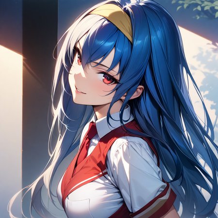 (masterpiece),(best quality),(ultra-detailed),(best illustration),(best shadow),(absurdres),(detailed background),(very aesthetic),
saki_tsuzura, blue hair, long hair, red eyes, yellow hairband, medium breasts, white shirt, red vest, red necktie, upper body, portrait, from the front view, seductive smile, 
<lora:XL-SakiTsuzura:1>