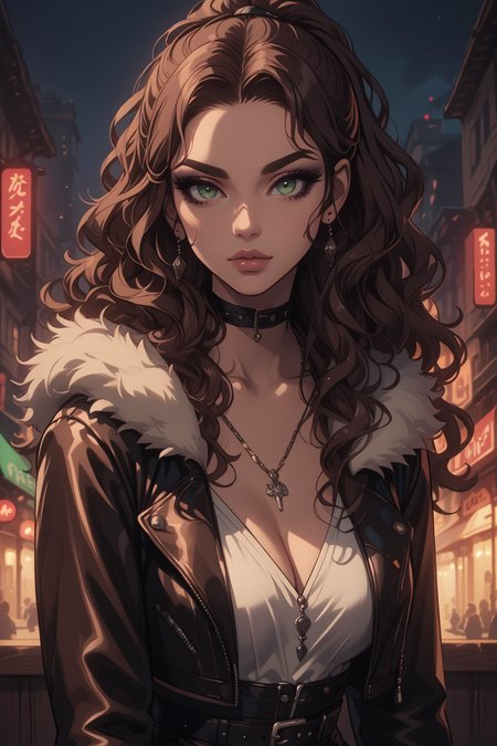 <lora:add-detail-xl:3> score_9,score_8_up,score_7_up,score_6_up, volumetric lighting, dynamic shading, 1woman, sexy, seductive, alluring, mature, thick eyebrows, thick eyeliner, dark eyeshadow, full lips, lips parted, huge breasts, looking at viewer,
BREAK
 <lora:Squall:1> squall, cropped leather jacket, fur trim, white halter top, lion necklace, black leather pants, two brown leather belts, ponytail, brown hair, high ponytail, wavy hair, green eyes, very long hair, jewelry, choker, 
BREAK
 <lora:GLSHS:0.8> GLSHS, partially illuminated
