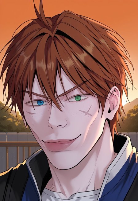 score_9, score_8_up, score_7_up, score_6_up, source_anime, 2d, 1boy, sweaty, sluttish, lewd, athletic build, abs, pecs, <lora:add_detail:0.3>, handsome blue and green eyes boy, athletic body, full scars, manly boy, male focus, solo, <lora:Chaos__Hero_Killer__Manhwa__webtoon:0.92>,  Chaos, heterochromia, blue eye, green eye, auburn hair, middle hair, scars all over the body, perfect face, (perfect face, perfect eyes:1.2), looking at viewer, bishounen, toned male, athletic build, large pectorals, abs, six pack, pecs, cute boy in his mid twenties, ruanyi0940, bare shoulders, see-through tank top, shiny clothes, <lora:0940 Transparent Dress_v1_pony:1>, white tank top, (((sitting at edge of rooftop, legs dangling into the air))), six pack, scar all over the body, detailed hair, detailed face, detailed eyes, detailed clothes, detailed skin, ultra-detailed, (upper body), (top quality), extremely detailed, extremely detailed CG, (high resolution), highly detailed, (high quality), (perfect quality), (vibe colors), detailed mouth, detailed ears, detailed eyes, detailed clothes, detailed nose, perfect ears, two colored eyes, perfect face, detailed face, extremely detailed hair, masterpiece, best quality, muscular, high quality, UHD, 4K, Intricate Details, extremely detailed wallpaper, perfect lighting, forest background, very handsome face, full body scar, detailed nose, heterochromia, blue eye, green eye, perfect nose, sunset, SkylerWhiteYo, closed mouth, smile, <lora:KzyGuyMeme:1>