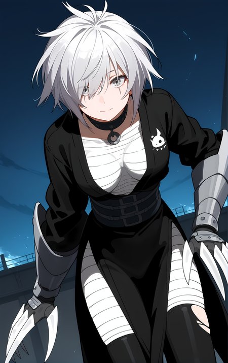 (score_9, score_8_up, score_7_up), standing, leaning forward, looking at viewer, light smile, closed mouth, shiny skin, tight clothes,
ohwx, 1girl, solo, solo_focus, breasts, medium_breasts, hair_over_one_eye, short_hair, white_hair, grey_hair, grey_eyes,
bandages, claw_\(weapon\), claws, torn_clothes, japanese_clothes, choker, sarashi, belt, scar, sash, boots, gauntlets, spikes, long_sleeves,
rooftop, post-apocalypse, dusk,
cowboy shot, dutch angle, close-up,
 <lora:haihane_pony_ss:1>