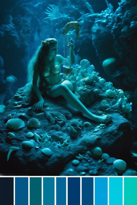 <lora:Cinema Color Palette:1>Color Palette - An underwater grotto illuminated by bioluminescent creatures. A mermaid lounges on a rock, playing a harp made of seashells.