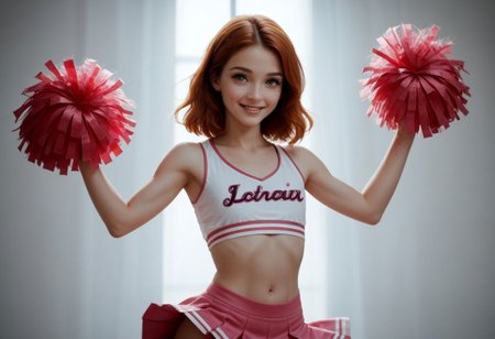 score_9, score_8_up, score_7_up, a sexy female cheerleader, (red hair, ginger, medium length hair), green eyes, pink panties,  sexy face, beautiful, detailed face, perfect face, perfect eyes (pink and white striped stockings), slim thighs, fat ass, slender waist, tummy, flat chest, large erect nipples, crop top, very cute look on face, shy smile, alluring face, alluring gaze, 18 years old, very aesthetic, (best quality), (colorful), (detailed), ultra quality, 32K, cinematic lighting, volumetric lighting, pompoms, doing the splits