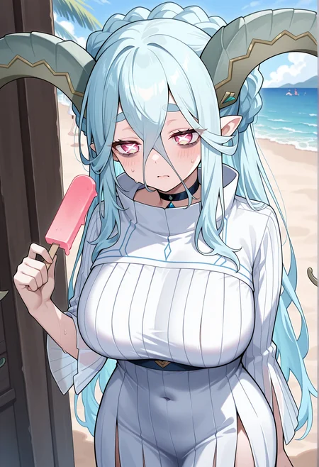 1girl, age progression, big breasts, 1girl, horns, pointy ears, blue hair, symbol-shaped pupils, pink eyes, long hair, braid, choker, white dress, long sleeves, high collar, messy hair, tired, sweat, bags under eyes, holding holding popsicle, outdoors, beach <lora:tiamat_illus:1>, masterpiece, best quality, amazing quality, very aesthetic, absurdres, highres, newest