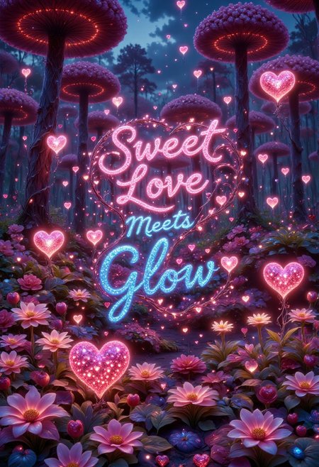 sweetlove, hearts, glitters, text ("Sweet Love Meets Glow":1.1),  A whimsical garden filled with glittery heart-shaped flowers, with the text "Sweet Love Meets Glow" glowing softly,aidmaGlow