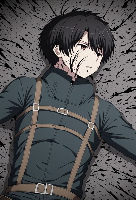 high resolution, solo, best quality, 1Boy, Inaho Kaizuka, Black Hair, fell down, revenged, dying, OverallDetail