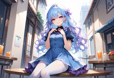 score_9, score_8_up, score_7_up, score_6_up, score_5_up, score_4_up, source_anime, solo, flat color, dark theme, 1girl, babblty, purple eye, long blue hair, wavy hair, blue to purple gradient, blue dress, white tights, looking at viewer, MythAn1m3, waist-high art, babblty sitting in a cafe