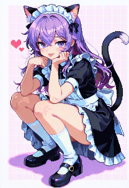 dpa,pixel art, solo, purple hair, tail, maid headdress, maid, long hair, heart, squatting, cat tail, 1boy, male focus, purple eyes, socks, tongue out, tongue, animal ears, cat ears, apron, black dress, white socks, dress, short sleeves, maid apron, crossdressing, looking at viewer, shoes, otoko no ko, mary janes, full body, black footwear