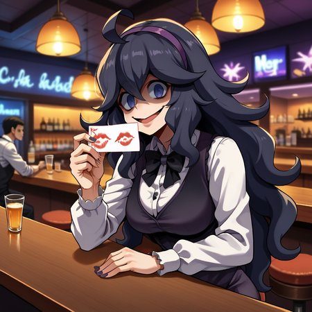 score_9, score_8_up, score_7_up, score_6_up, score_5_up, score_4_up, zPDXL2,source_anime,rating_questionable,1girl, <lora:Business_Card:0.8> bc4rd, holding out business card,smile, kiss mark, bartender, black vest, black bowtie, bar, casino, hex maniac