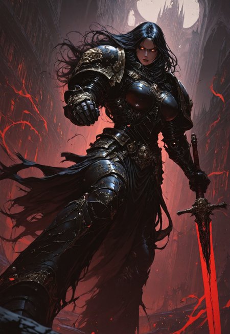 masterpiece, best quality, high quality, 
newest, highres, 8K,HDR,
absurdres, 

dynamic angle, 
realistic, 

1girl, 
BlackT40k, 
power armor, 
long hair, 
weapon, 
glowing eyes, 
dark fantasy, 
holding sword, 
floating, 
ethereal aura, 
red and black color scheme, 
armored gauntlets, 
golden ornaments, 
looking at viewer, 
battle stance, 
supernatural energy, 
shadowy background, 

gothic architecture, 
dynamic pose, 
dramatic lighting, 

detailed background, 
depth of field, 
foreshortening, 
detailed background, 
dynamic pose, 
dynamic composition,
dutch angle, 
foreshortening,
blurry edges, 
<lora:ILLIronW40k:1>
