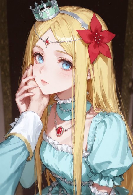 BREAK close-up, sketch, depth of field, ambience sense, anime eyes, detailed anime eyes, upper body 

BREAK r3nn3rwh1t3, long hair, blonde hair, blue eyes, hair ornament, hair flower, crown, dress, blue dress, high heels, detached collar, necklace, jewelry, puffy sleeves, flower, EyesHD, artist:moriimee, r17329_illu, usnr

BREAK hand grab, hand on another's cheek, hand on another's face, looking at viewer, pov, pov hands