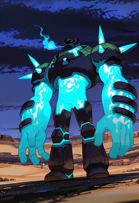 masterpiece, best quality, amazing quality, very aesthetic, absurdres, newest, , detailed background, 
 movie scene, cinematic scene, cinematic, foreground blur, depth of field, 
shckrck, glowing, shoulder spikes, green eyes, helmet, neon trim, blue fire, big arms, massive arms, blue arms, no humans, male focus, short legs, 
in desert, black sand, black earth, black ground, black sand dunes, from below, dark blue sky, black clouds, scarf blowing in the wind