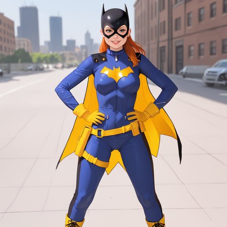 <lora:batgirlburnside_pony_v1:.8>BatgirlBurnside, 1girl, cape, mask, gloves, bodysuit, superhero, medium breasts, orange hair, hands on hips