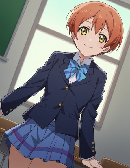 score_9, score_8_up, score_7_up, source_anime, <lora:rin-hoshizora-s1-ponyxl-lora-nochekaiser:1>, rin hoshizora, short hair, jacket, yellow eyes, orange hair, pixie cut,, skirt, school uniform, jacket, blazer, winter uniform, otonokizaka school uniform,, indoors, smile, looking at viewer, solo,, cowboy shot, dutch angle